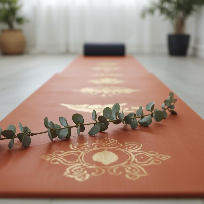 Tapis de yoga terracotta orné d'une branche d'eucalyptus